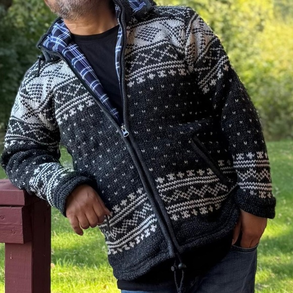 Wool hand knitted Sweater Jacket, Fleece lined, Unisex - Picture 1 of 12